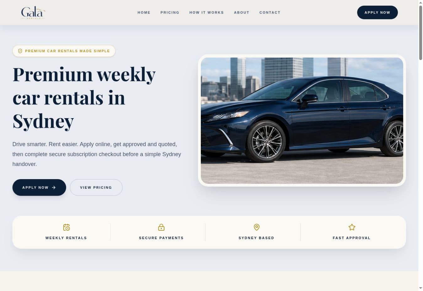 Gala Rentals website homepage preview