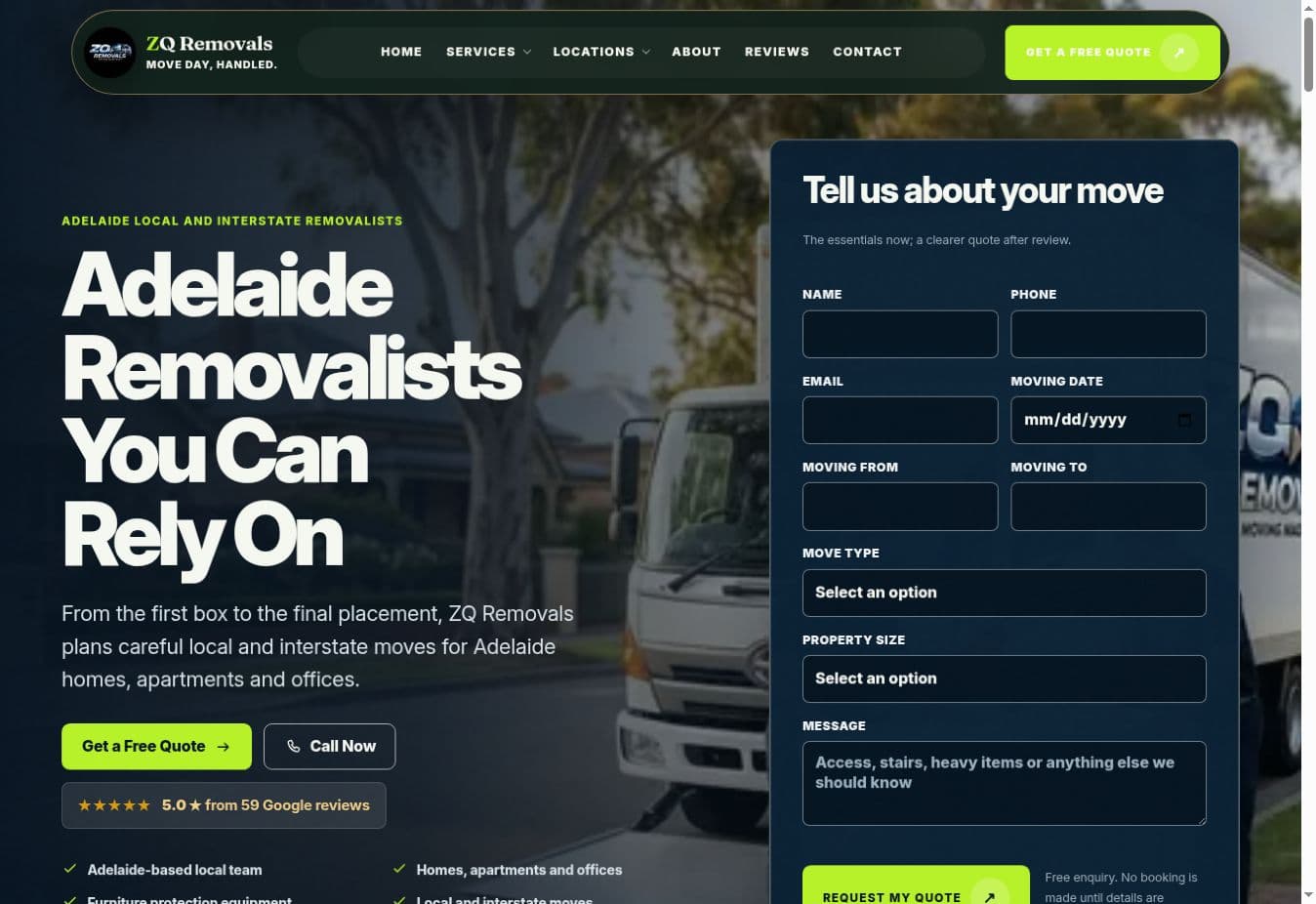 ZQ Removals website homepage preview