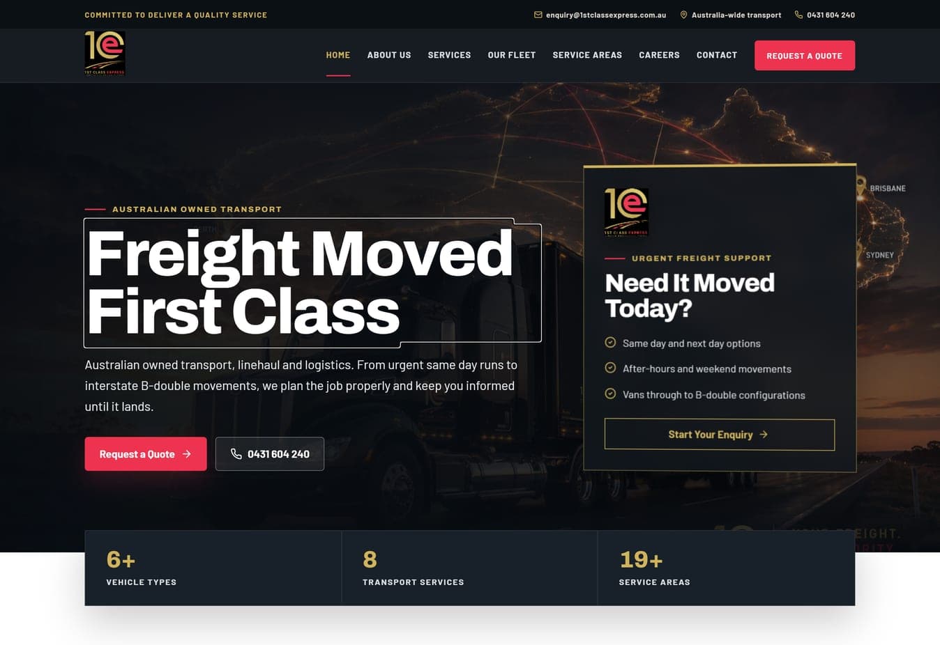 1st Class Express transport and logistics website homepage preview