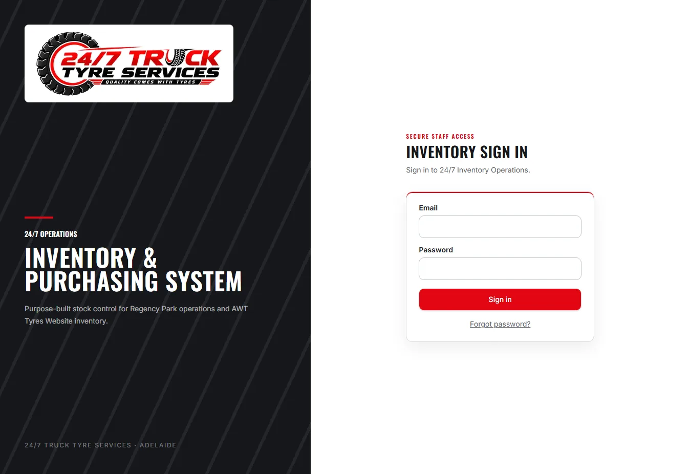 247 Inventory System secure staff sign-in screen for inventory and purchasing operations