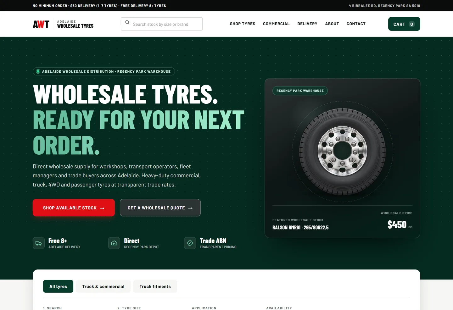 Adelaide Wholesale Tyres wholesale tyre e-commerce website homepage designed by AB Web Studio
