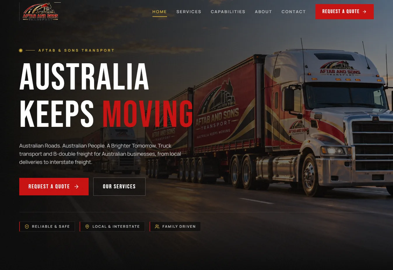 Aftab & Sons Transport website homepage with a branded B-double truck convoy