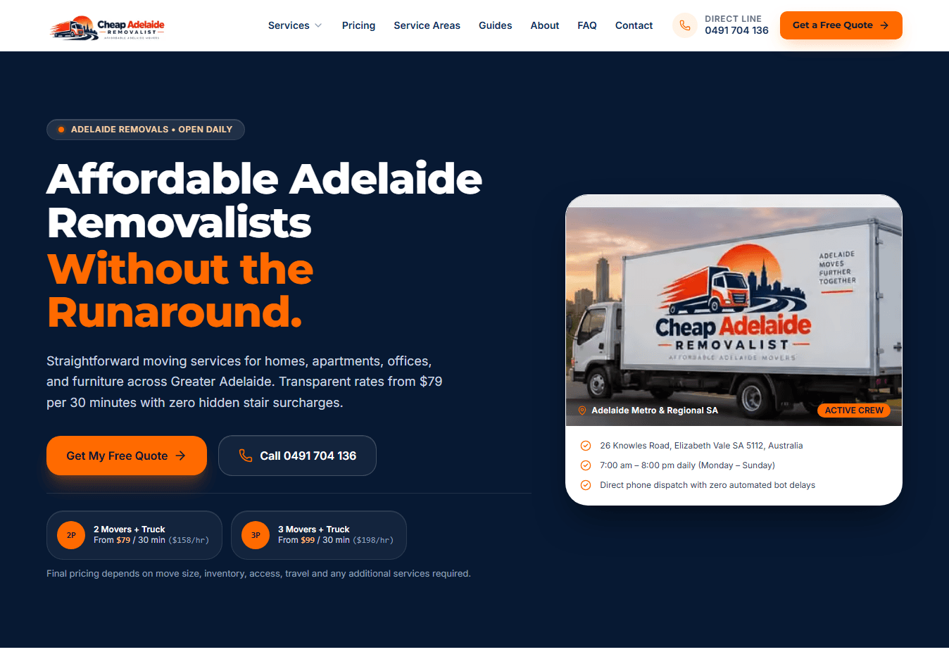 Cheap Adelaide Removalist website homepage showing published moving rates and a branded removals truck