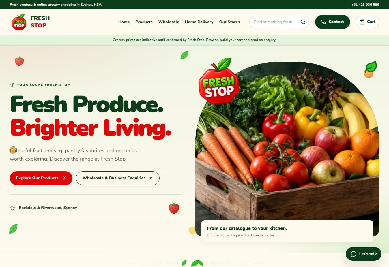 Fresh Stop live homepage with green and red branding, fresh produce artwork and catalogue, wholesale and home delivery navigation