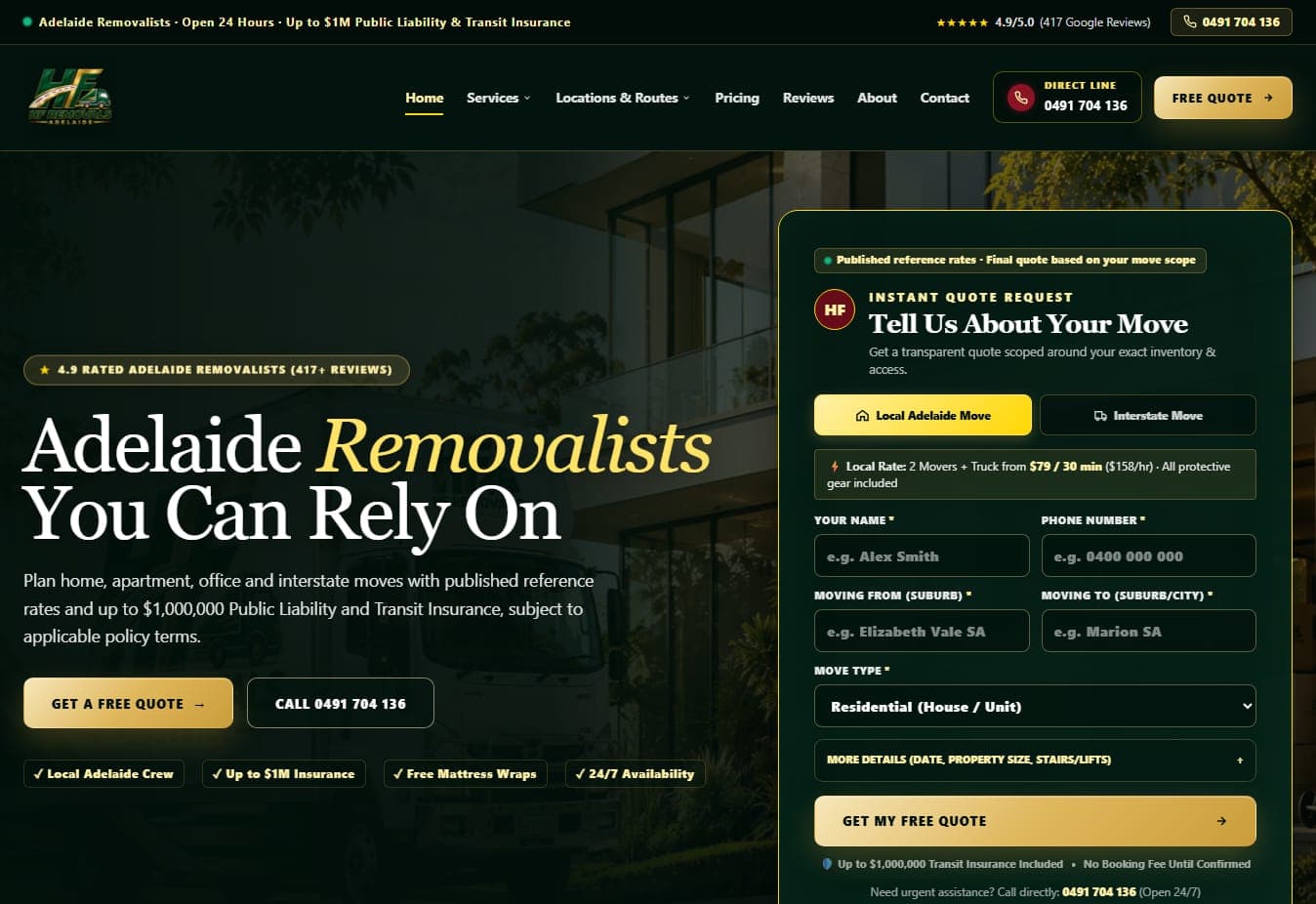 HF Removals Adelaide website homepage preview