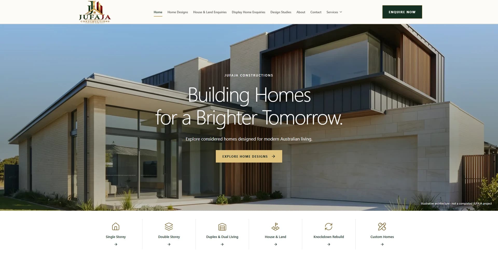 Jufaja Constructions homepage with forest-green and gold branding, home design navigation and illustrative architecture