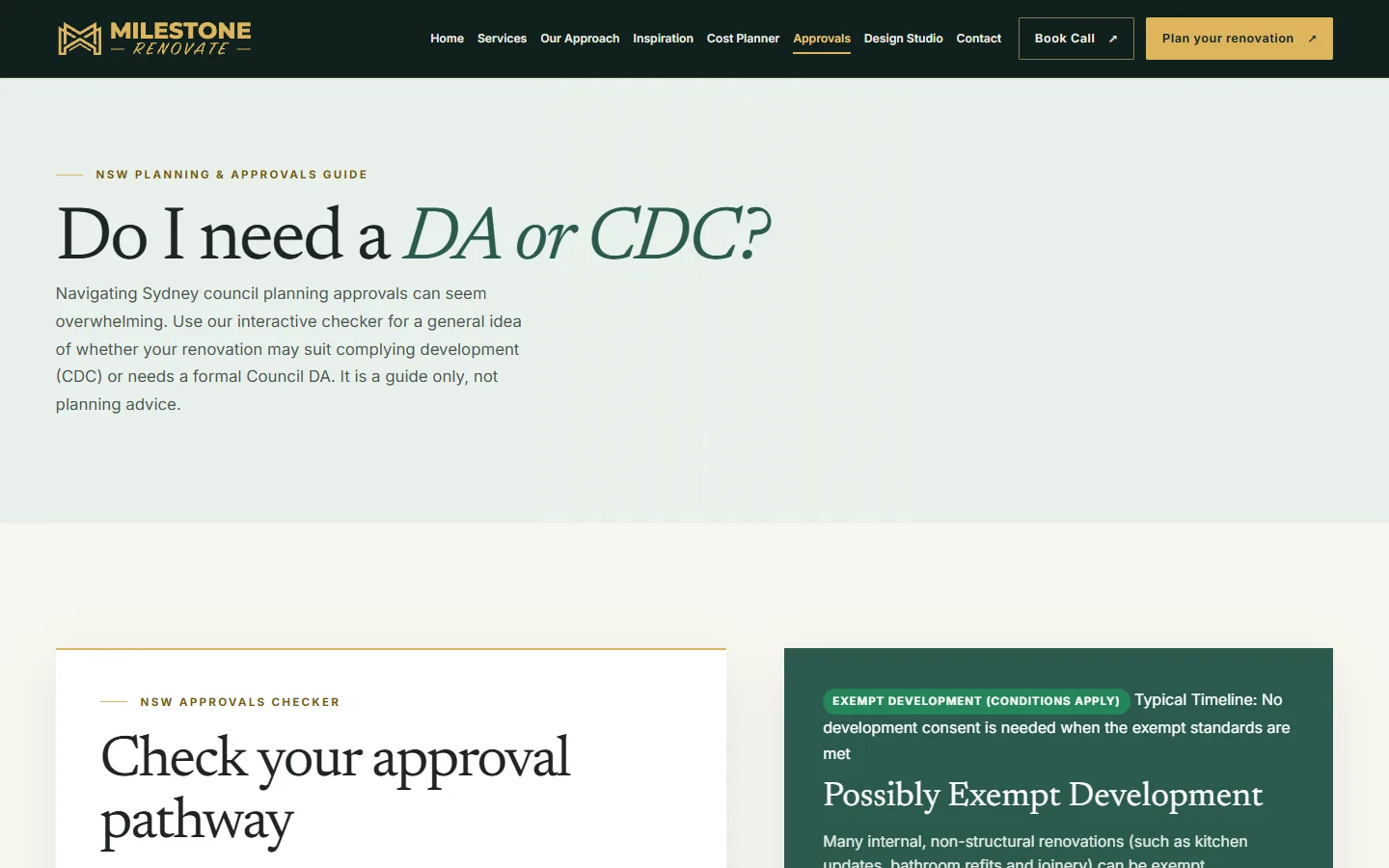 Milestone Renovate NSW approvals guide with an exempt, CDC or DA pathway result