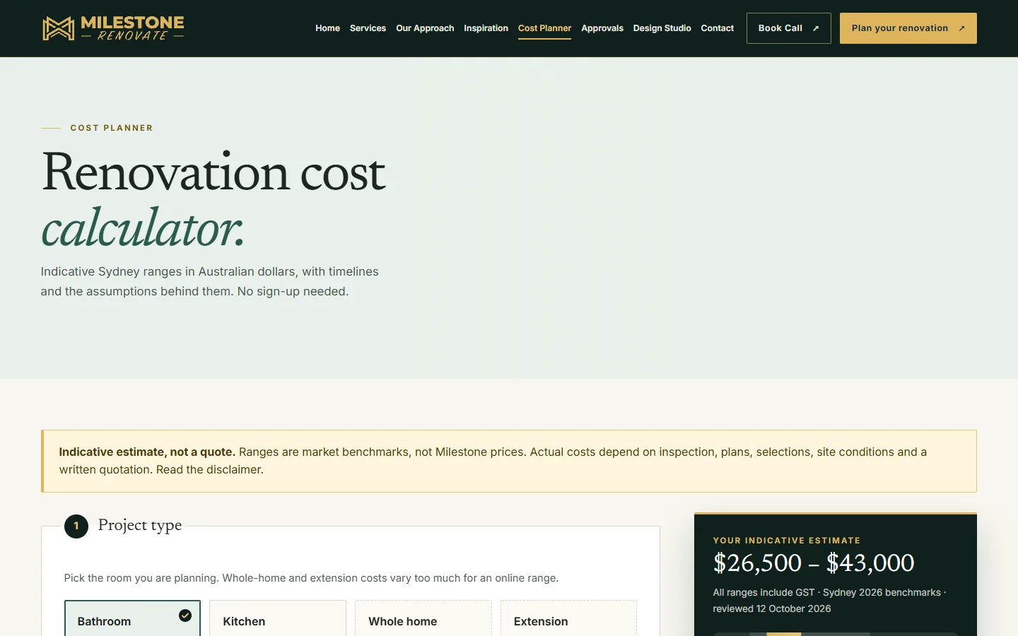 Milestone Renovate cost planner showing an indicative estimate range and a not-a-quote notice