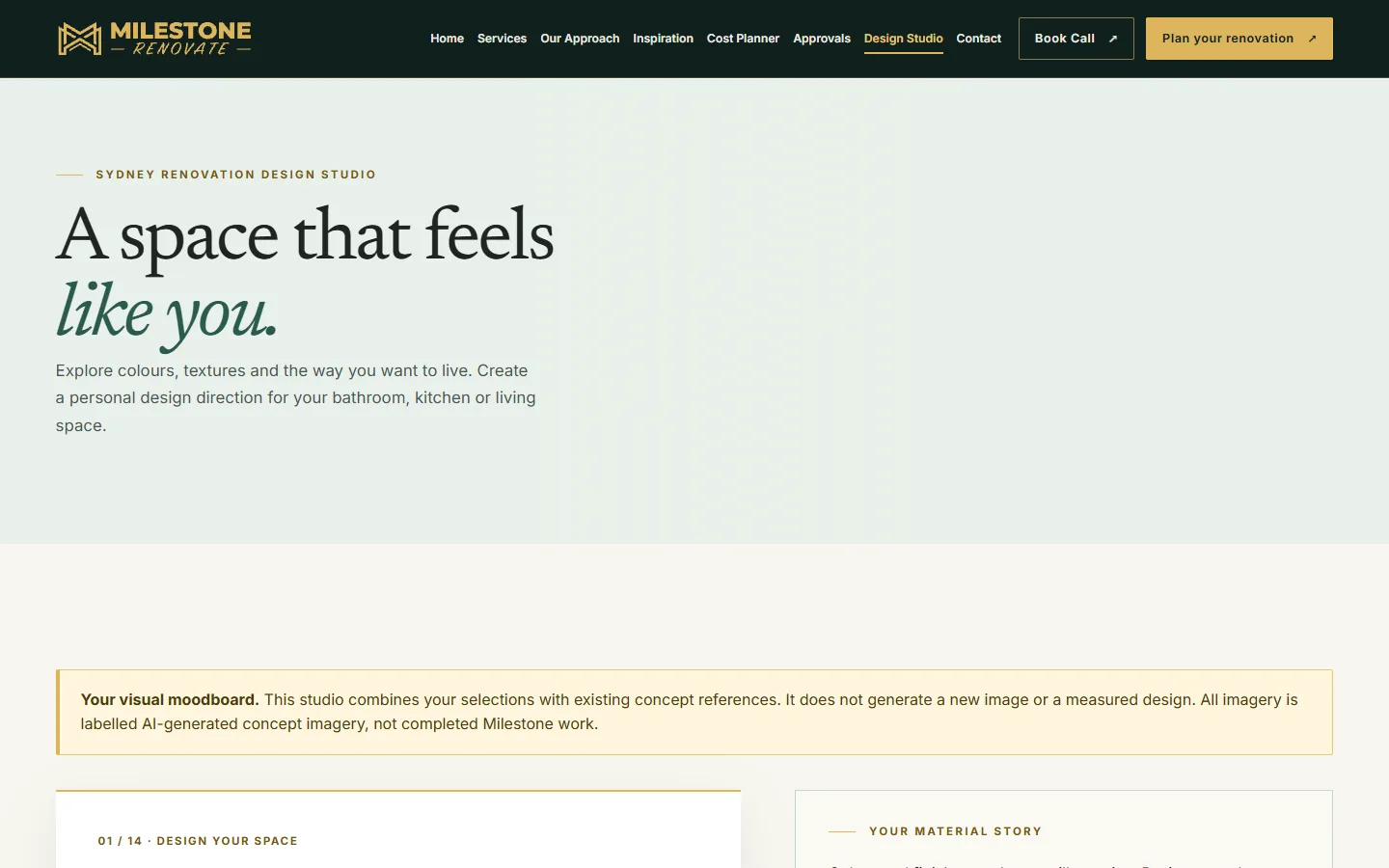 Milestone Renovate design studio introduction with its AI-generated concept imagery notice