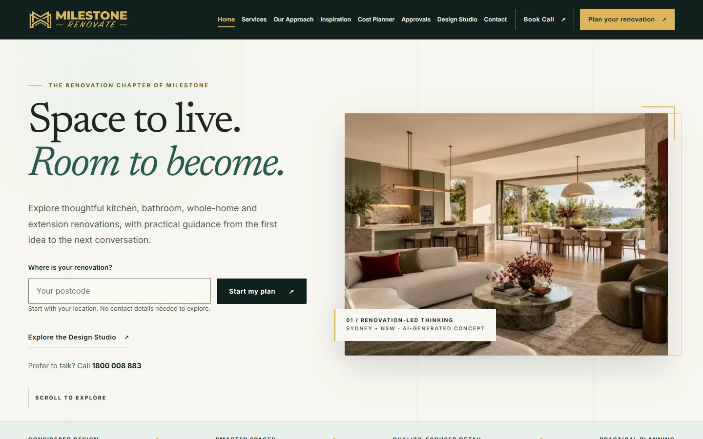 Milestone Renovate homepage with a forest-green header, gold call to action and an AI-generated renovation concept image